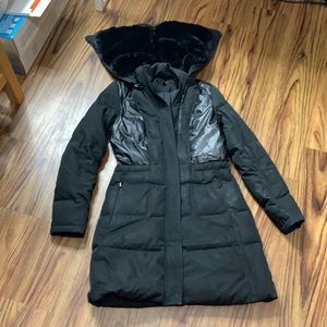 7 For All Menkind Long Down Coat Faux Fur Hood